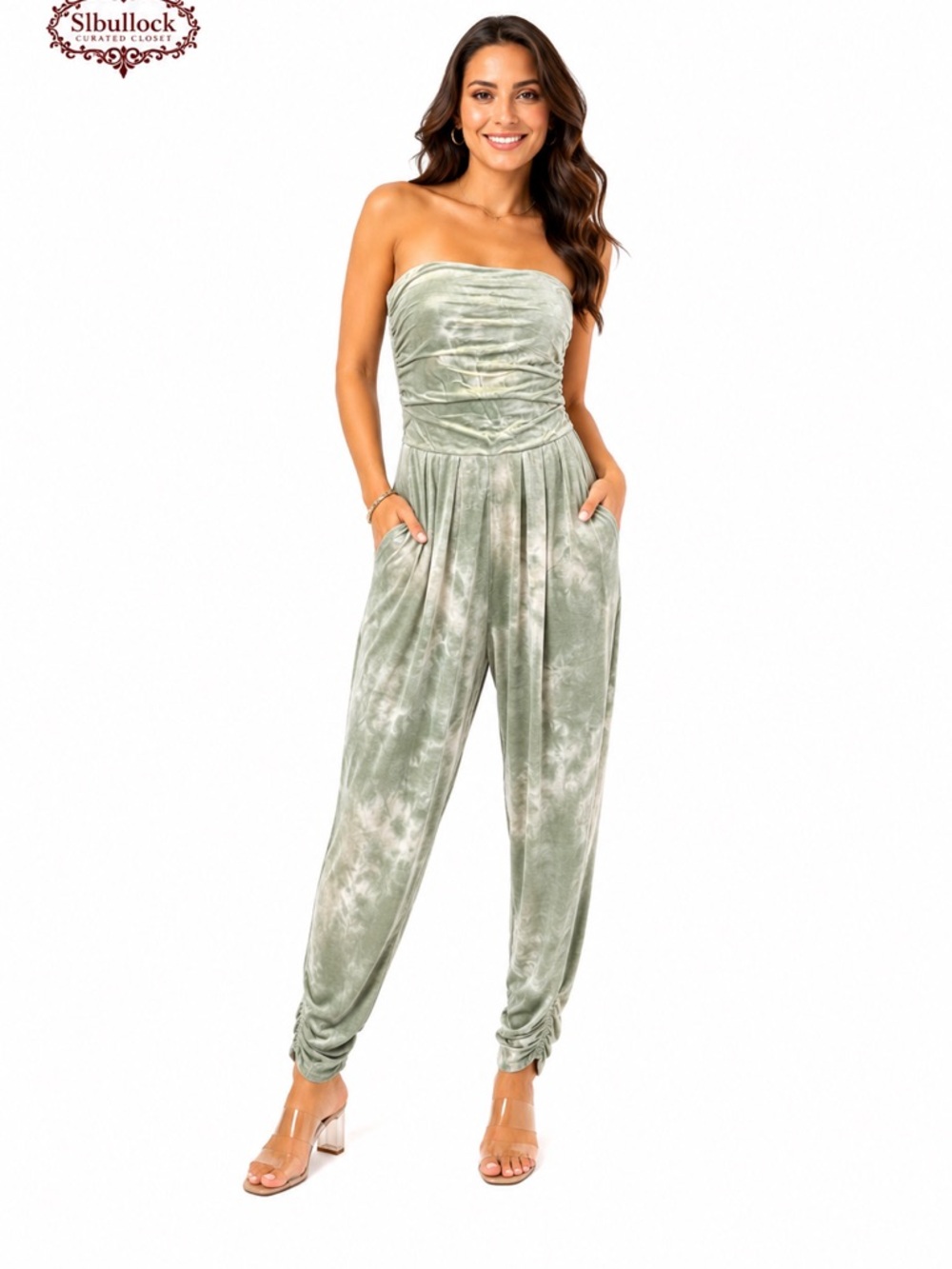 P24 Heart & Hips Sage Tie Dye Strapless Romper Pockets Rayon Blend Boutique Sm